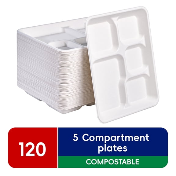 JOLLY CHEF Disposable Compostable 5 Compartment Paper plates, 10*8 inch, 120 Pack,Perfect for Boys and Girls
