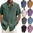 thumbnail image 2 of Blusa de lino de algodón de verano para hombre, cuello vuelto, manga corta, botones, blusa suelta, Tops de gran tamaño S-5xl, 2 of 5