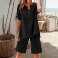 thumbnail image 4 of Joernso Cotton Linen 2 Piece Outfits for Women Short Sleeve V-Neck Top Wide Leg Shorts Set Summer Casual Loose Lounge Set, 4 of 8