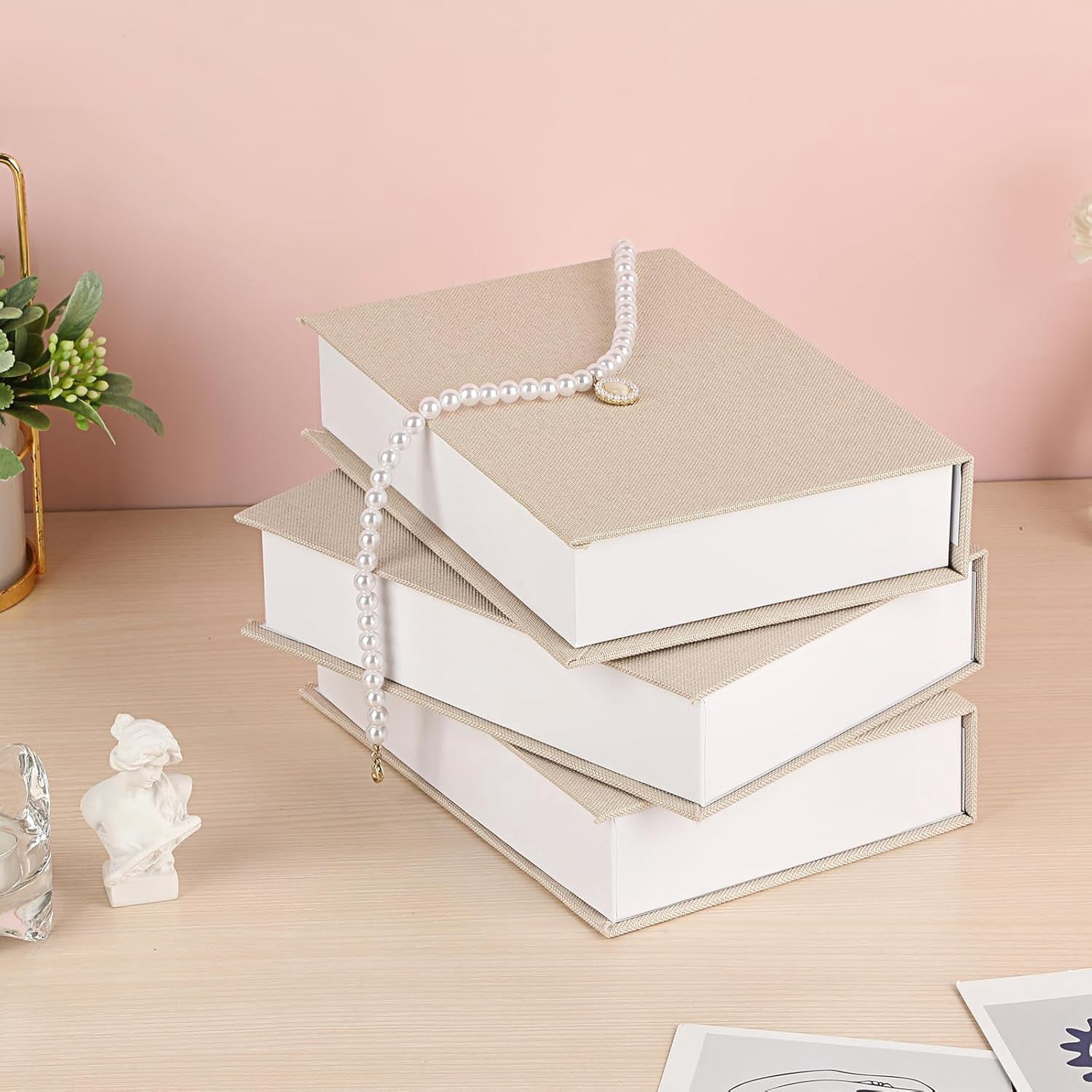 ABPETE 3 Pcs Faux Book Box for Decoration Beige Neutral Linen Photo Storage Boxes Memory Box with Magnetic Lid for Keepsake Home Decor Boxes for Bookshelf Coffee Table