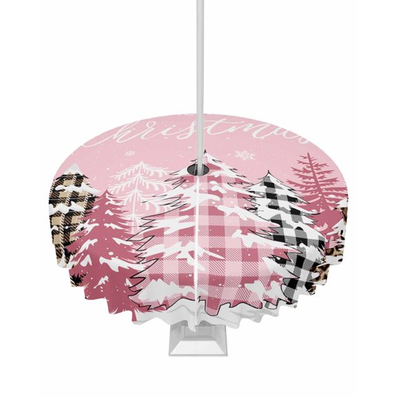 Fsddascl Pink Christmas Tree Outdoor Tablecloth - 54 Inch Round Dining Table Cover, Winter Xmas Tree Snowflake Waterproof Outdoor Table Cloth with Umbrella Hole & Zipper for Picnic/Patio/Party
