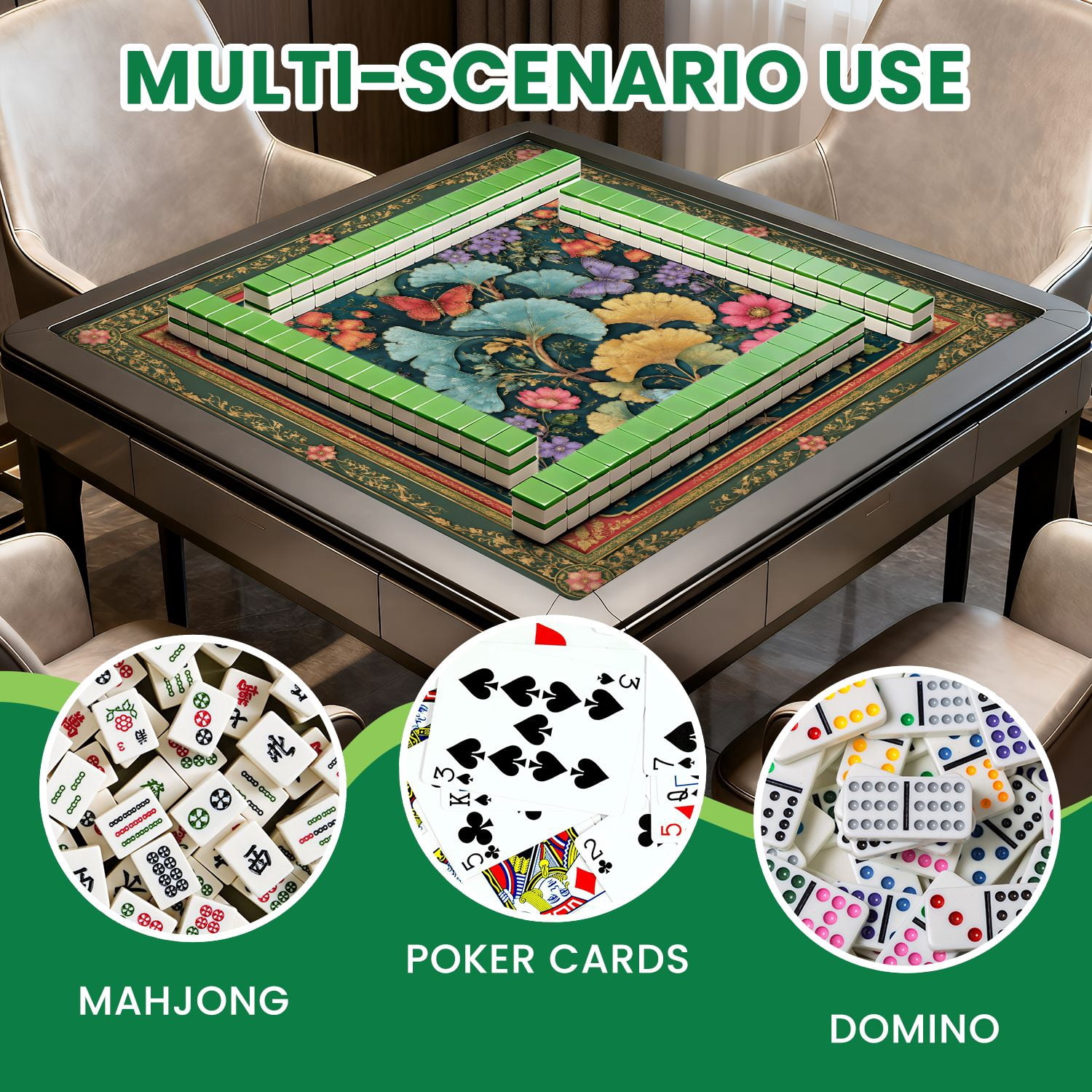 Mahjong Mat 31.5" x 31.5" Floral Botanical Ginkgo Leaves Butterflies Emerald Green Non-Slip Noise Reduction Mahjong Tiles Table Cover for Dominoes Poker Card Board and Tile Games