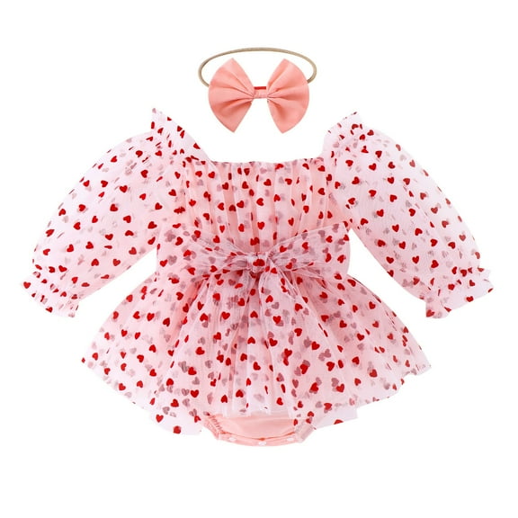 KAUOD Valentine's Day Baby Girl Tulle Dress New born Baby Girl Valentines Day Clothes Heart Print Mesh Tutu Short Sleeve Romper