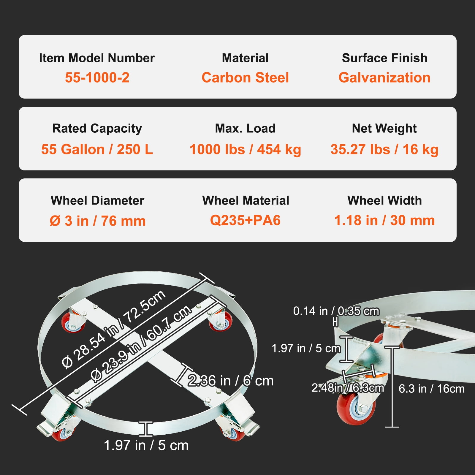 VEVOR 2 Heavy Duty Drum Dollies 1000 Pound - 55 Gallon Swivel Casters Wheel Steel Frame Non Tipping Hand Truck Capacity Dolly