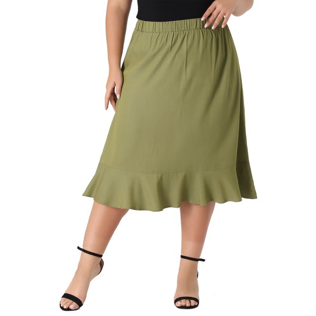Faldas midi casuales de chambray con cintura elástica y dobladillo con volantes para mujeres de tallas grandes Agnes Orinda 4X verde oliva