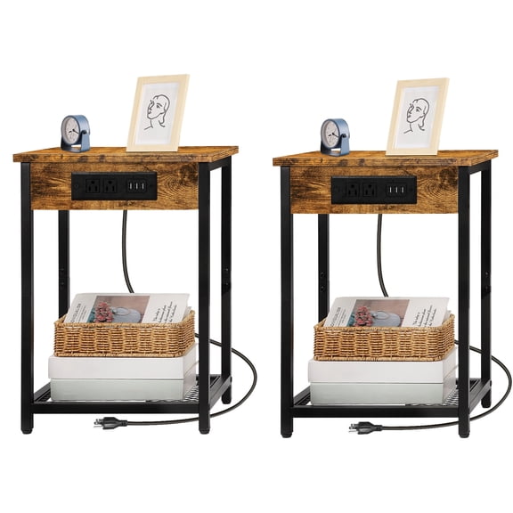 Set of 2 Nightstands with Charging Station - 2-Tier Bedside Table with USB Ports & Outlets, Industrial Rustic Brown
