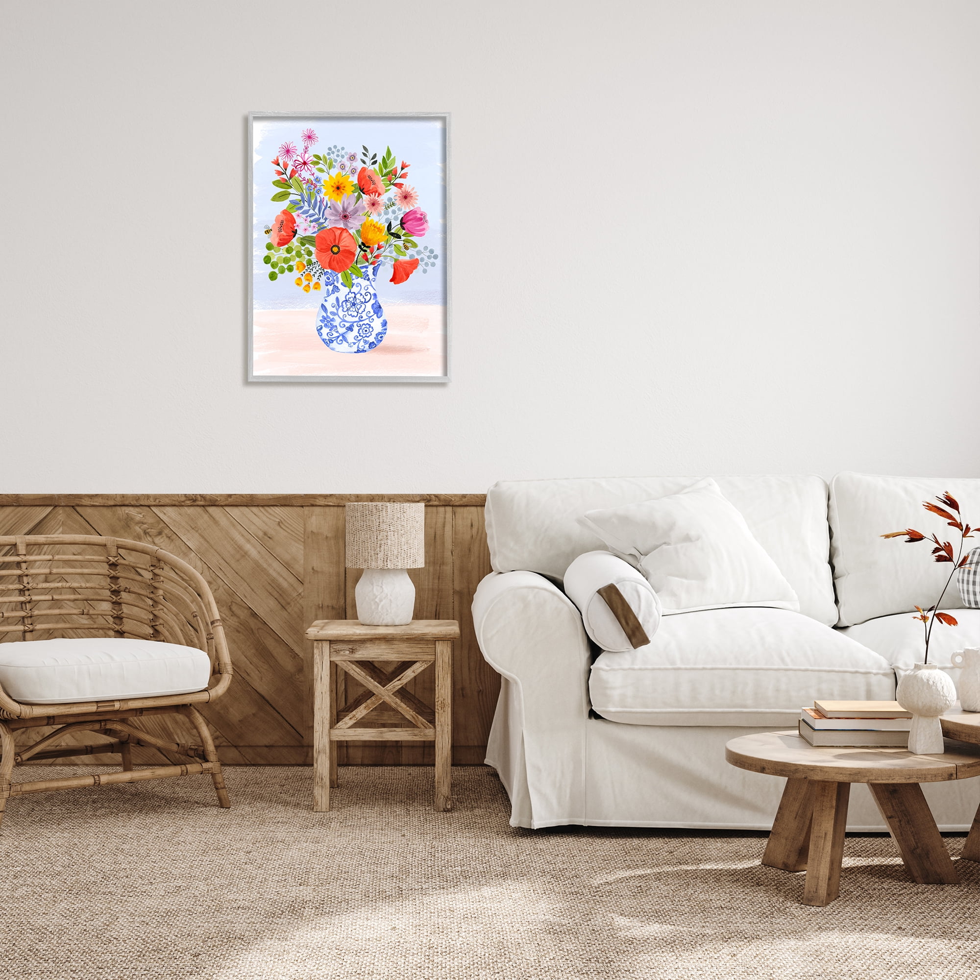 Stupell Industries Bright Flowers in Pottery Botanical & Floral Painting Gray Framed Art Print Wall Art, 24 x 30