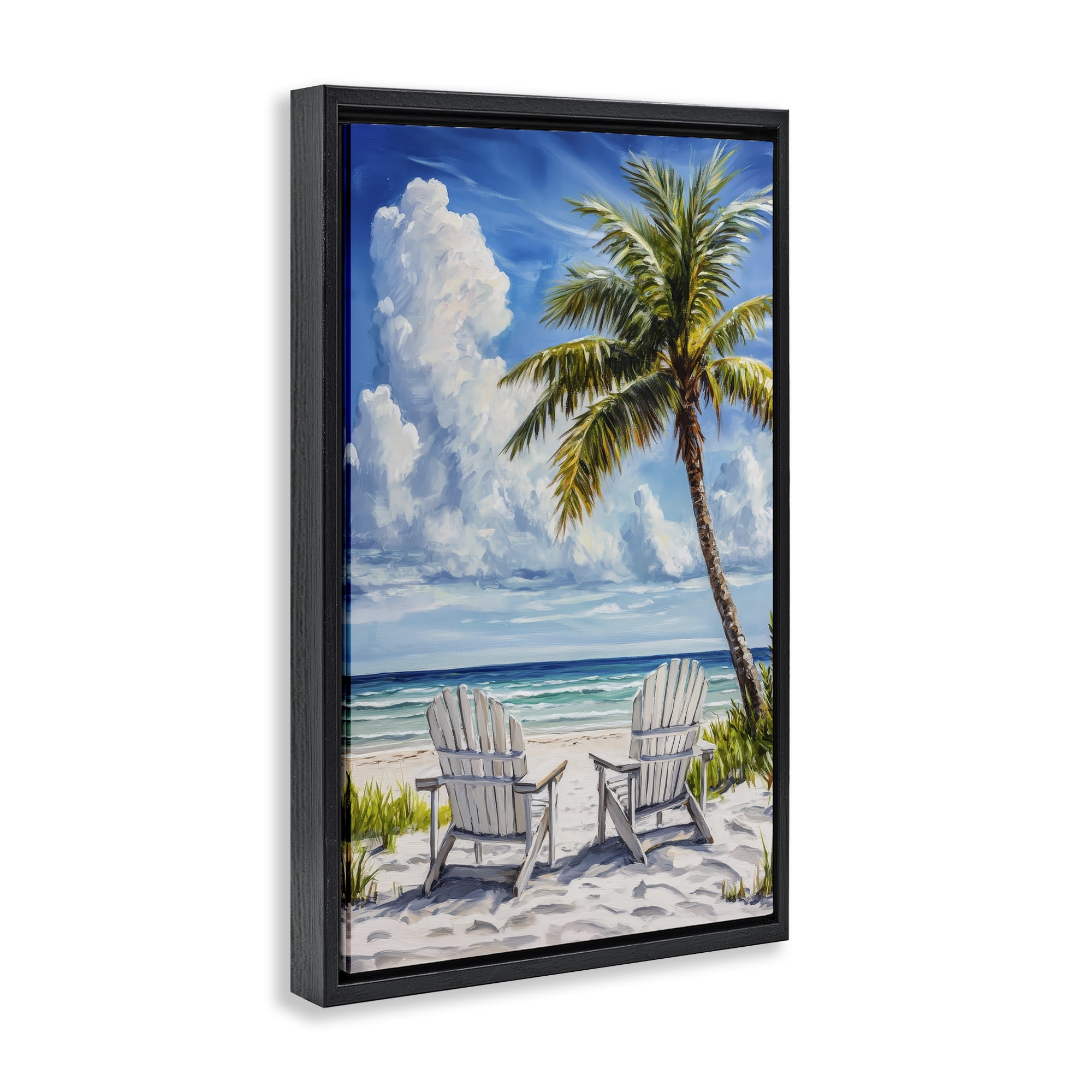 Stupell Industries Clouded Beach with Looming Palm Black Framed Floater Canvas Wall Art, design by Petal Prints Design
