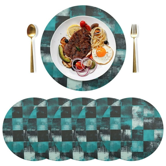 Round Placemats Plate Mats 15 Inch Non-Slip Heat Resistant Washable PVC Set Table Decoration for Kitchen Dining Teal and Black Squares