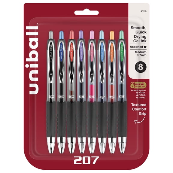 uniball 207 Retractable Gel Pens, 0.7mm Medium Point, Assorted Ink, 8 Count