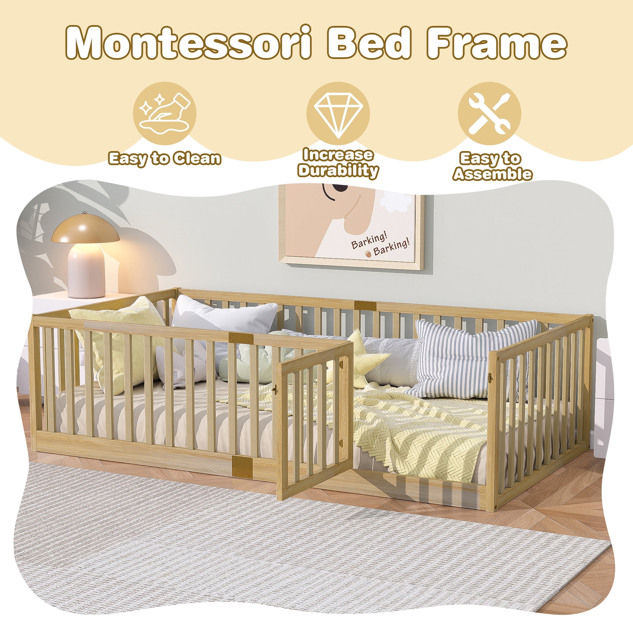 Sesslife Twin Size Floor Bed with High Fence & Door, Wood Twin Bed Frame with Salts and 21.5” Safety Guardrails, Twin Floor Bed for Boys Girls, No Box Spring Needed, Natural