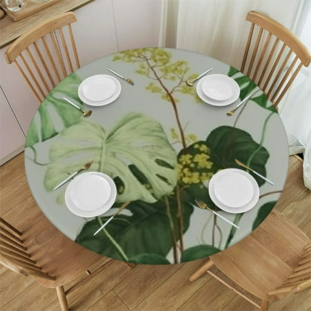

Round Tablecloth with Elastic Edged Tropical Monstera Leaf Plant Palm Tree Summer Nature Washable Reusable Tables Cover for Party Picnic Dining Kitchen Cafes Camping