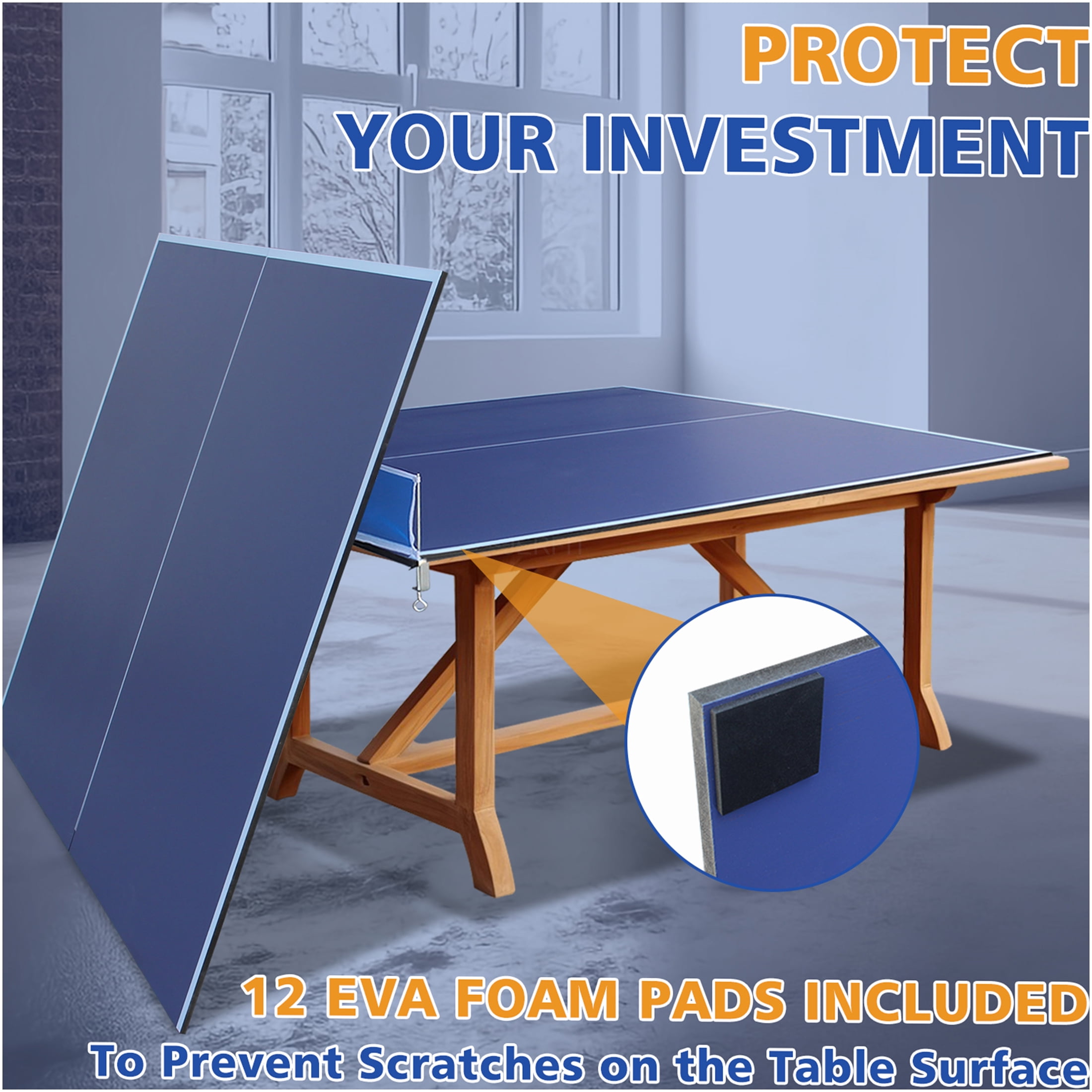 JERFIT 7x4ft Portable Ping Pong Table Top | Indoor Blue MDF Conversion Surface with Foldable Design & Included Net