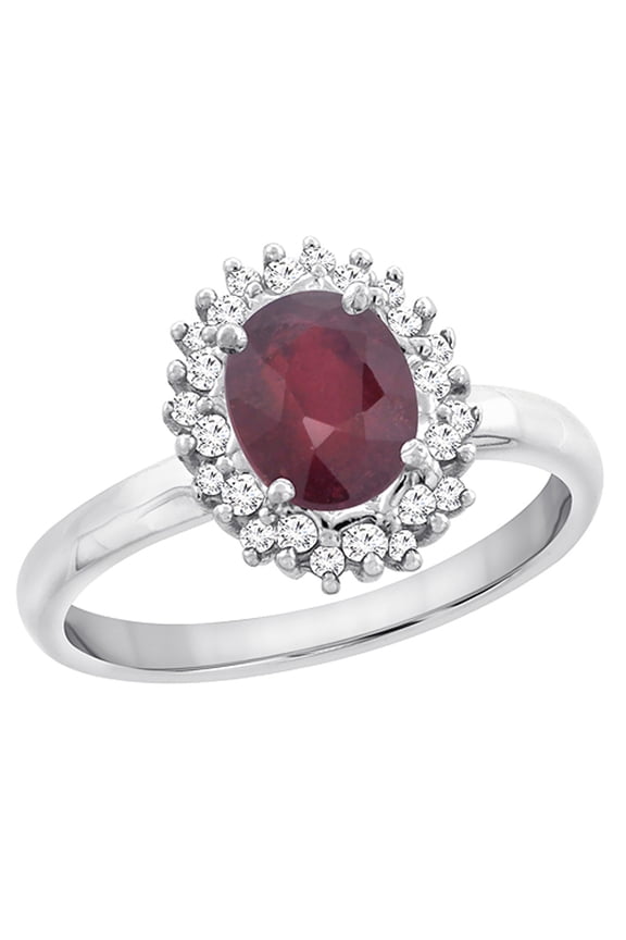 14K White Gold Diamond Natural Quality Ruby Engagement Ring Oval 7x5mm, size 5
