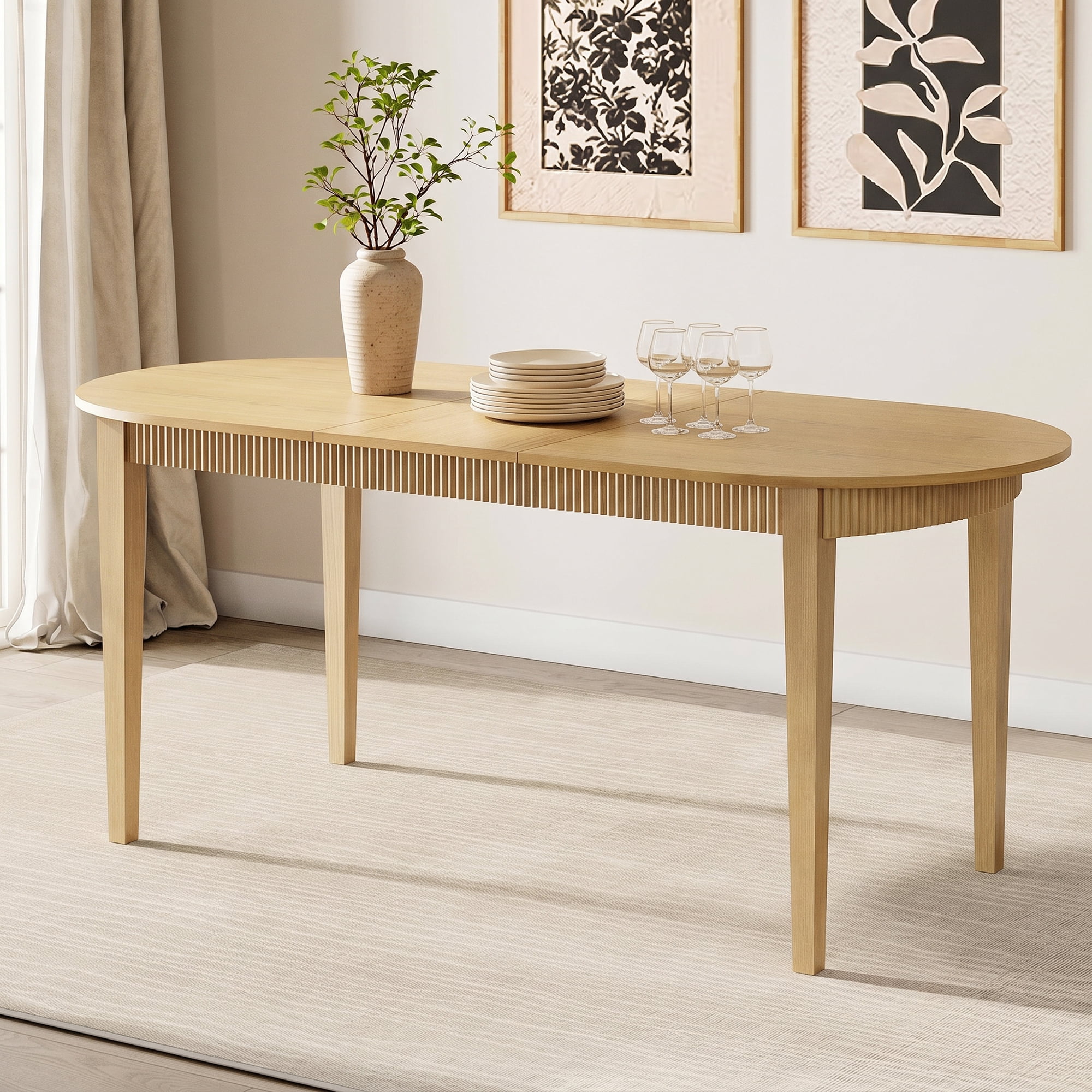 3 Piece Modern Dining Table Set, 73" Solid Wood Oval Dining Table with 2 Polyester Chairs, Dining Set with Fluted Apron for Kitchen & Dining Room