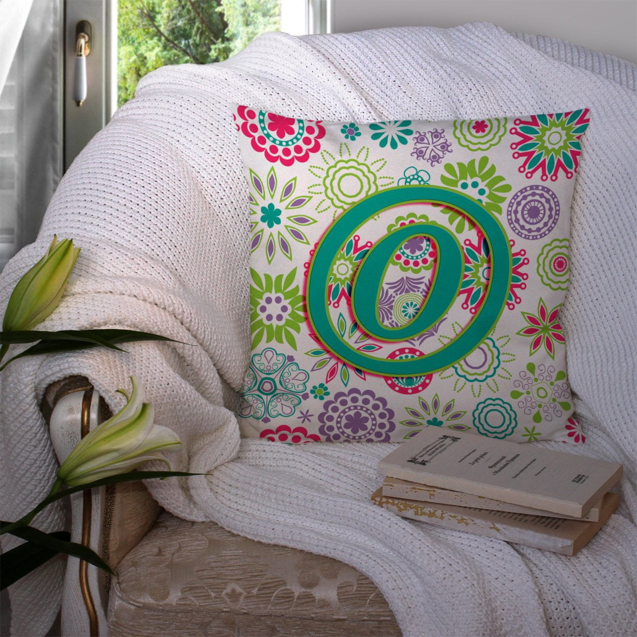 Carolines Treasures CJ2011-OPW1414 Letter O Flowers Pink Teal Green Initial Canvas Fabric Decorative Pillow 14Hx14W