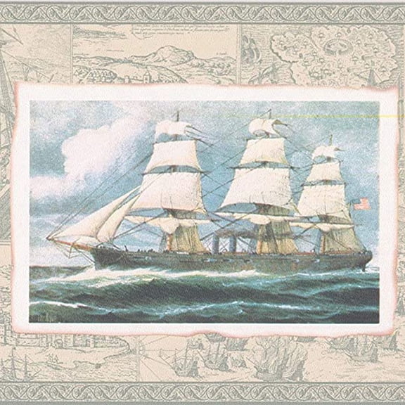 Concord Wallcoverings Vintage Marine Pictures Wallpaper Border Featuring Ships and Sail Boats on The Ocean, Colors Blue White Brown Beige, Size 8.87 Inches by 15 Feet FS73753