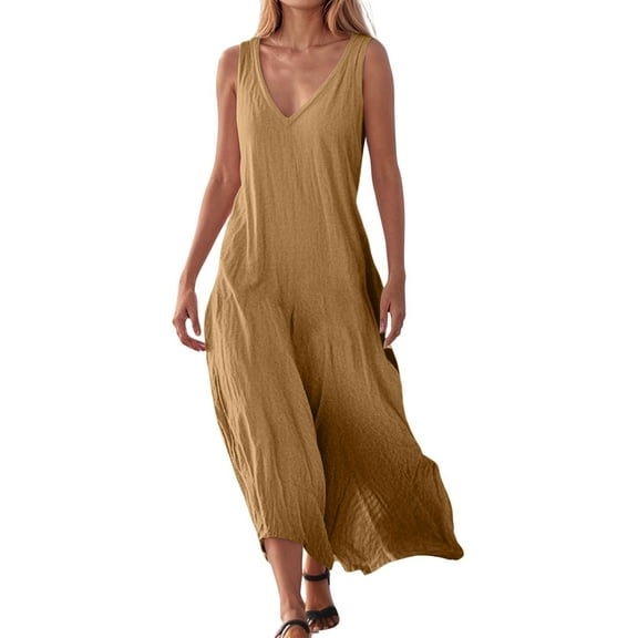 Women's Casual V-Neck Maxi Dress Solid Color Long Dress Sleeveless Tiered Loose Beach Sun Dresses 2025 Summer