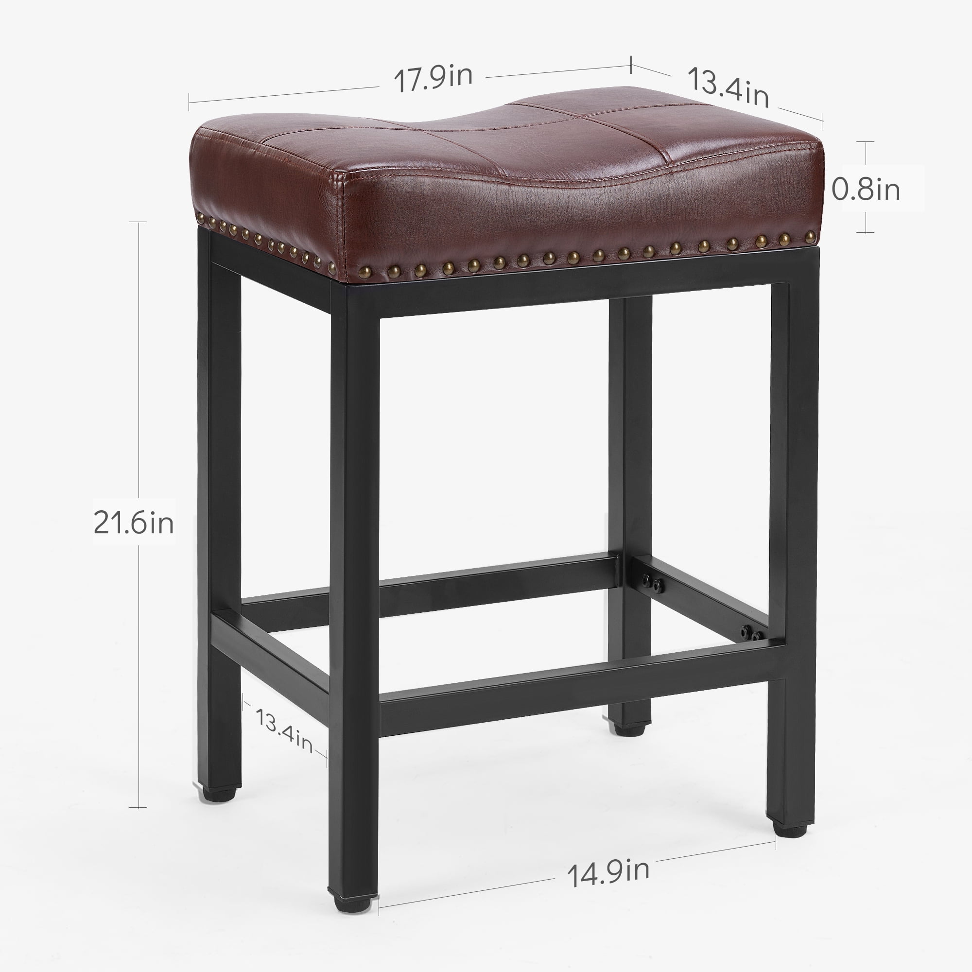 CONCETTA Set of 2 Bar Stools - 24in Counter Height, Metal Base & PU Leather Seats, Brown