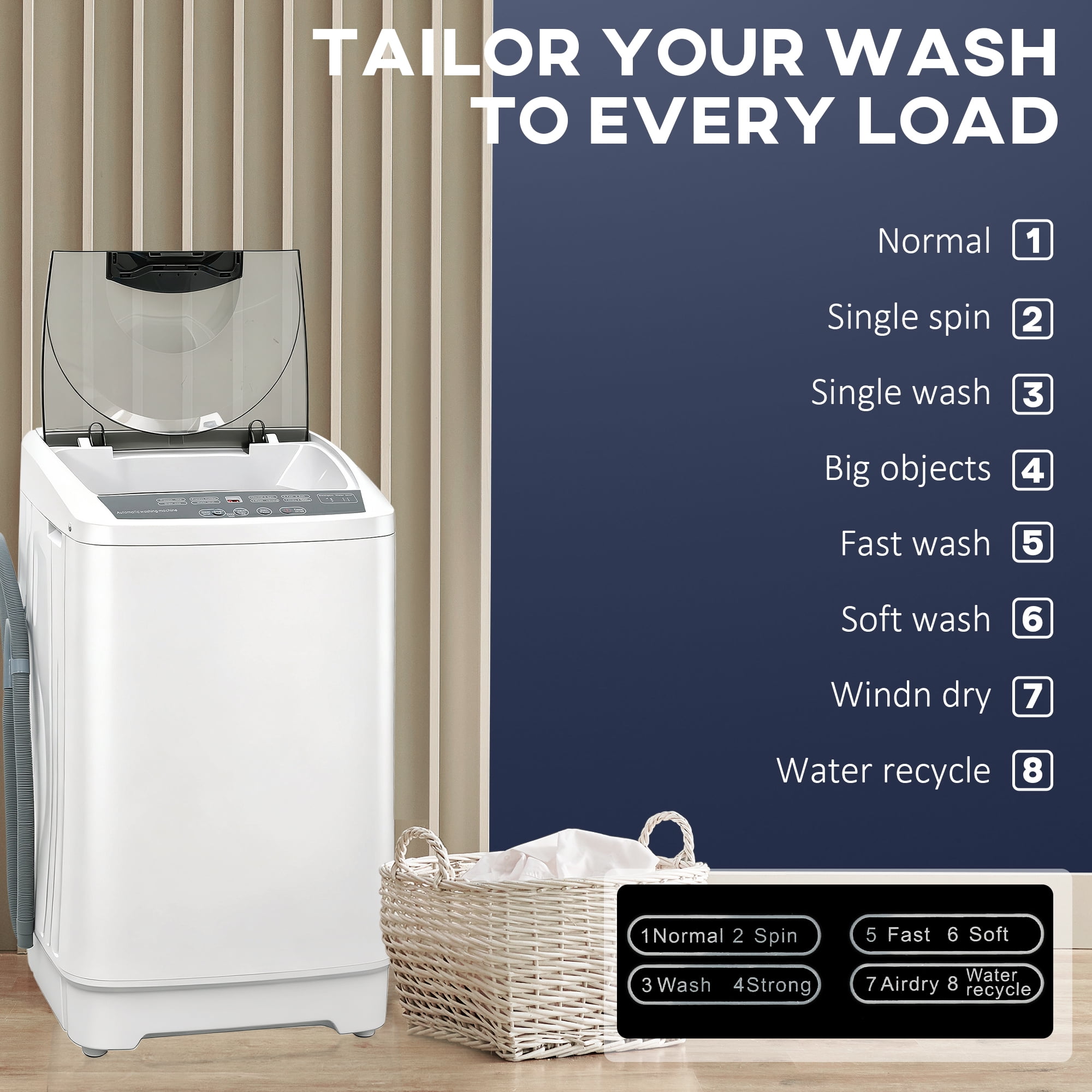 HOMCOM 1.3 Cu. Ft. Compact Washer, Portable Washing Machine with 8 Programs and 6 Water Levels, Full Automatic Washer for Apartments and RVs, White