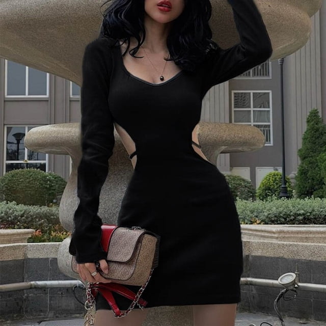 NEONBABIPINK Blue Bodycon Dresses for Women 2023 Spring Fashion Cut Out Lace Up Backless V Neck Long Sleeve Mini Dres N33-BH23S Gao Jinjia LED