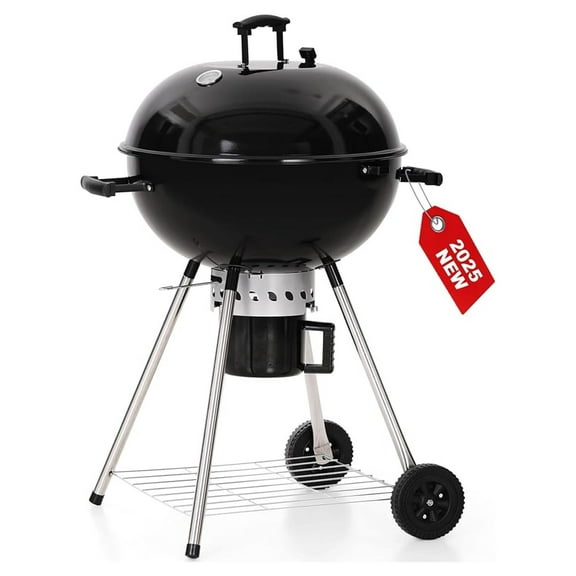 22 inch Kettle Charcoal BBQ Grill with Wheels, Portable Charcoal Grill with Porcelain-Enameled Lid & Catcher for Outdoor Cooking Barbecue Camping Picnics Tailgating, Black