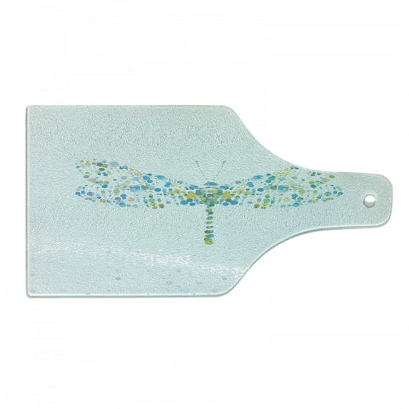 Dragonfly Cutting Board, Macro Futuristic Digital Winged Bug Made Spots and Dots Insect, Decorative Tempered Glass Cutting and Serving Board, Wine Bottle Shape, Blue Green, by Ambesonne