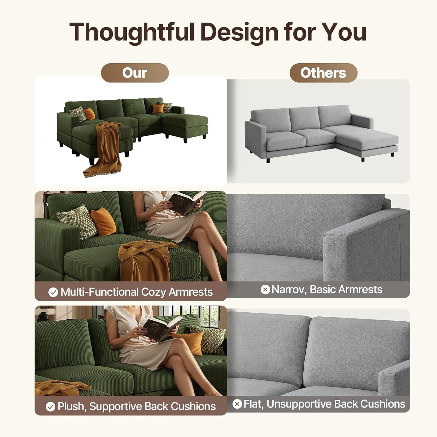 AENKYO U-Shaped Sectional Sofa Couch with 2 Ottomans, Convertible 4-Seat Living Room Furniture with Removable Cushions, Green