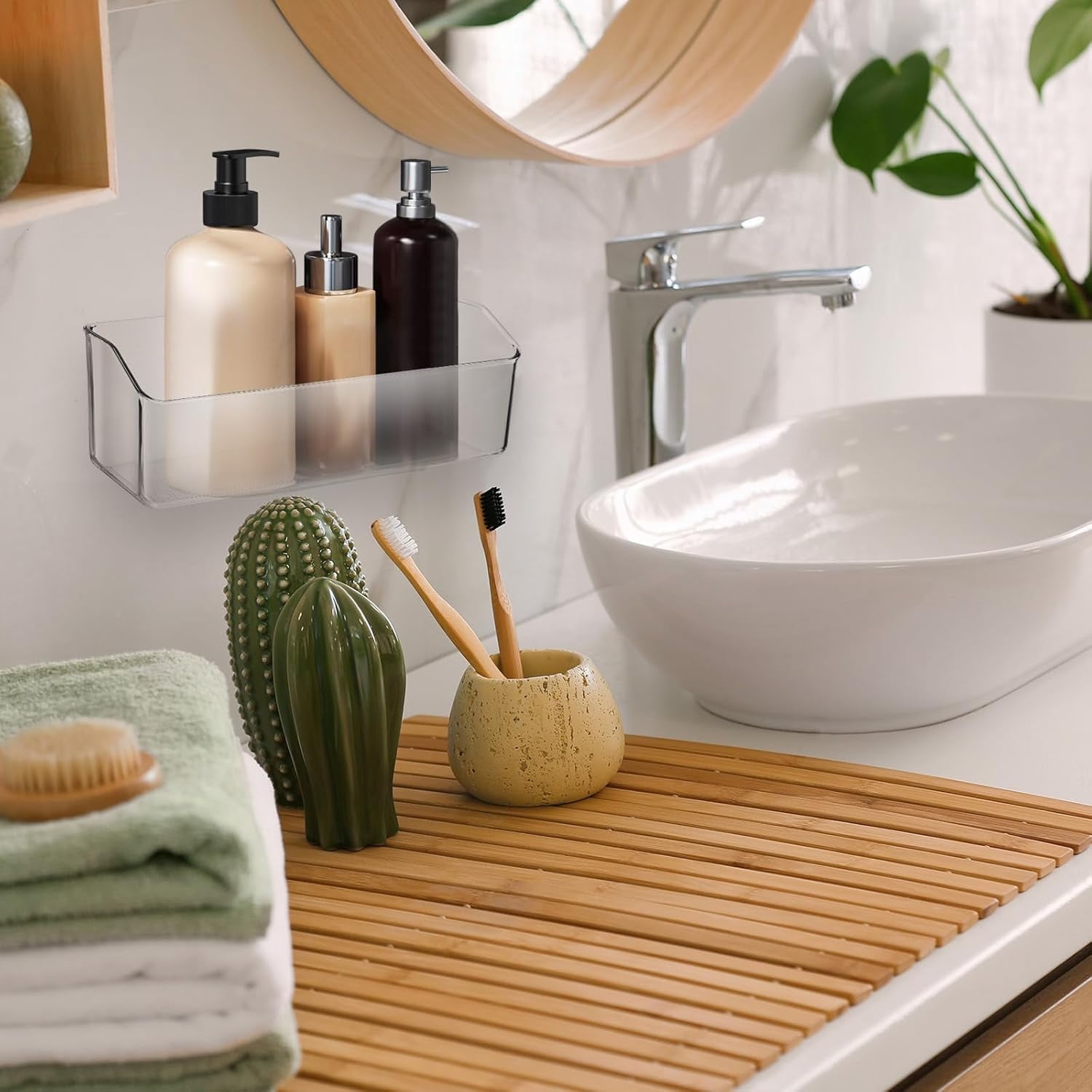 2 Pcs Wall Mounted Organizer Basket,Storage Organizer Bins,Self Adhesive Shower Caddy, Stackable Plastic Makeup Organizer, Clear Storage Shelves Organizing for Bathroom, Kitchen, Cabinet, Pantry