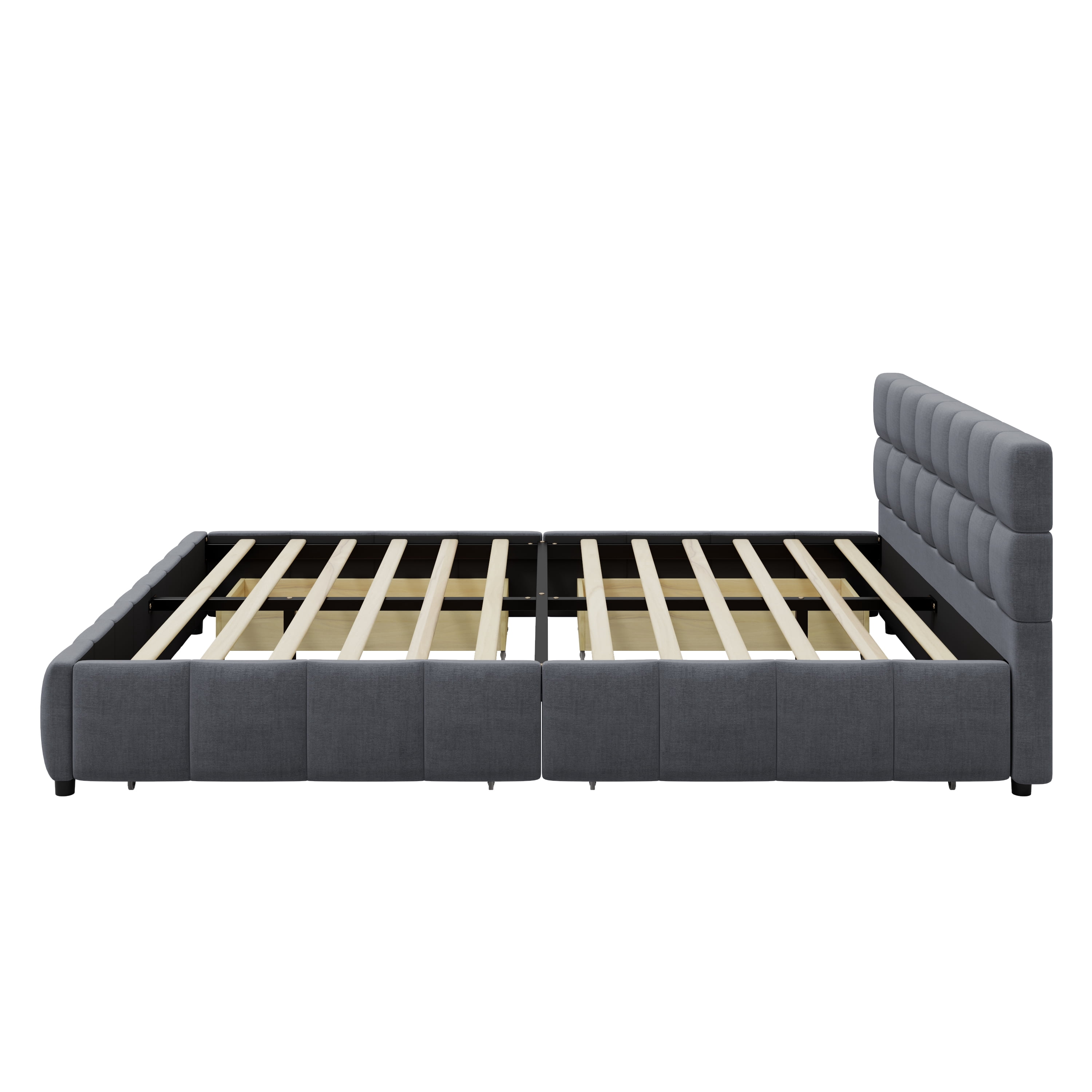 GARITIN Queen Upholstered Platform Bed Frame 86.6 Inch, Bed Frame with 4 Storage Drawers and Block Grid Tufted Headboard, Gray