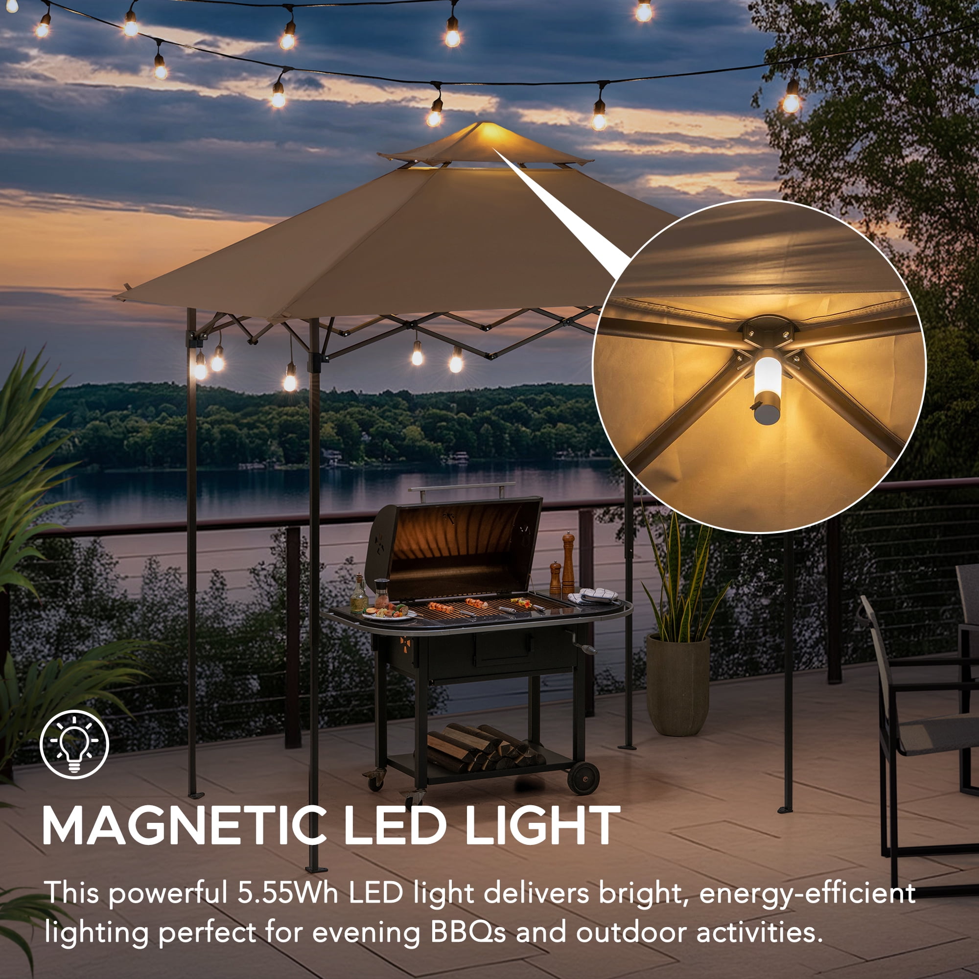 SUNJOY 8' x 5' Grill Gazebo Double Tiered Outdoor Gazebo Standing-Height Canopy with Magnetic LED Light, Adjustable Ceiling Height, for BBQ,Picnics, Outdoor Events, Brown