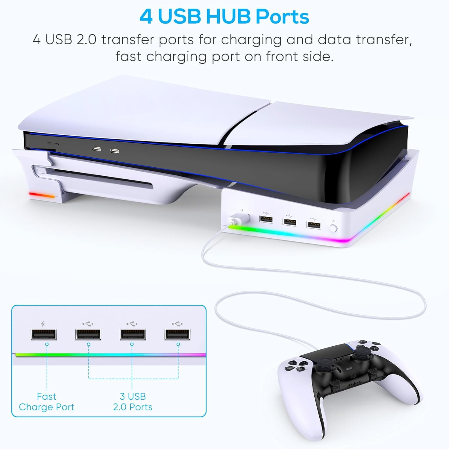 GAEKOL RGB Horizontal Stand for PS5 Slim Console Accessories with 14 Light Mode and 4 USB Hubs, Side Stand for Playstation 5 Slim Disc & Digital, Base Holder with Fast Controller Charging, White