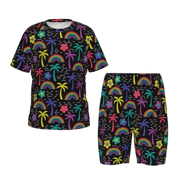 Balery Colorful Palms Conjunto de Pijama Infantil de Manga Corta con Estampado – Ropa de Dormir de Algodón Suave-Medium