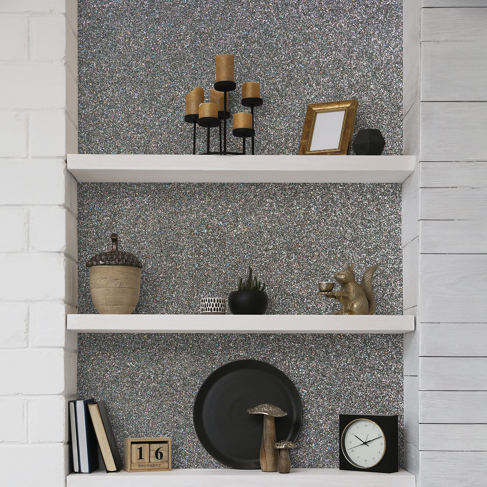 CHIHUT Holographic Grey Glitter Wallpaper Stick and Peel for Bedroom Walls Sparkle Grey Self Adhesive Wallpaper Removable Decorative Contact Paper for Cabinets Drawers Room Decor 15.7''x236''