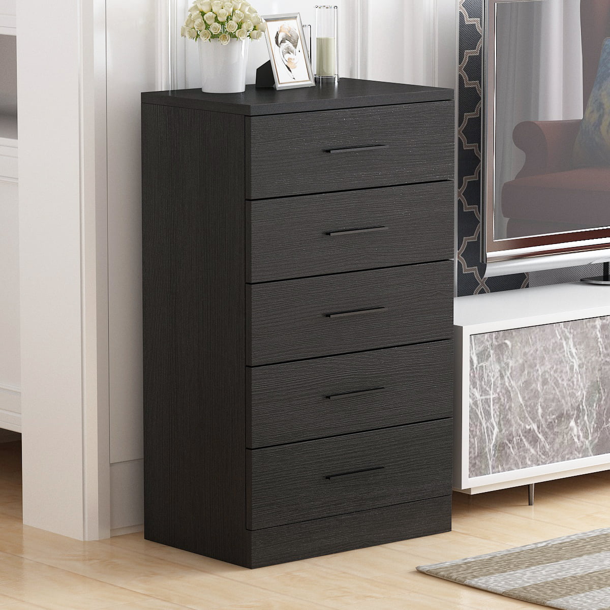 Details about   5-Drawer Dresser Chest Clothes Storage Modern Bedroom Cabinet Wood Black 