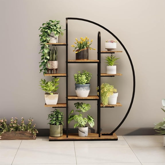 YWEN 9-Tier 62.2" Moon-Shaped Plant Stand with Grow Light Indoor, MDF Metal Plant Shelf, Decorative Flower Display Rack for Living Room Balcony