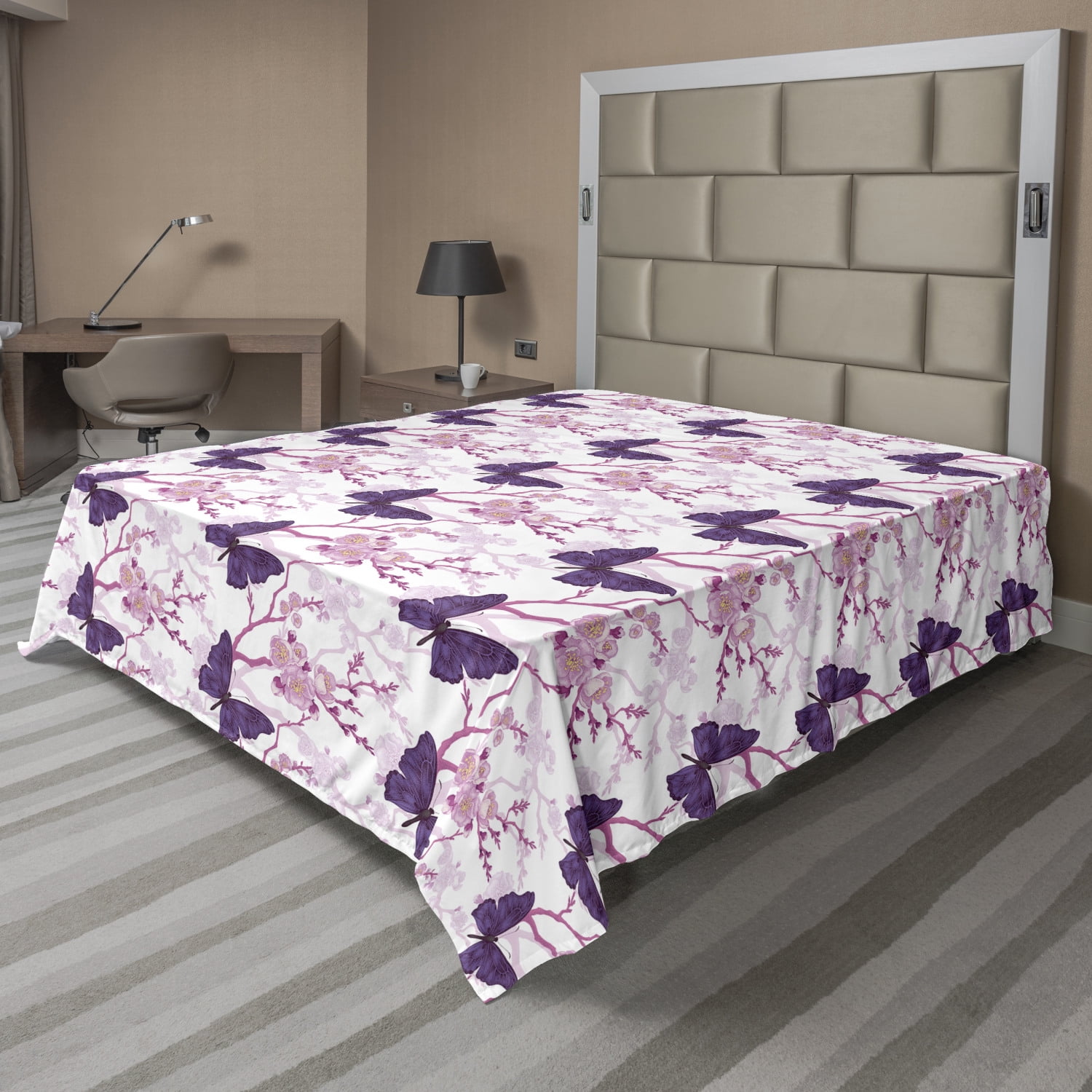Floral Flat Sheet, Delicate Illustration of Flowers and Butterflies