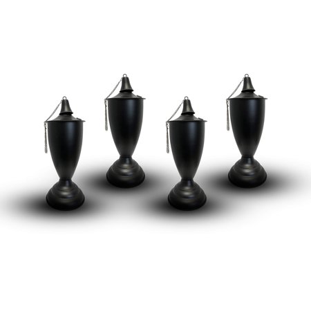 Legends Direct Set of 4  Elegant Premium Metal Tabletop Torches for Outside  Tall- Tiki Style /w Snuffer  Fiberglass Wick & Large 35ozOil Lamp for Deck  Outdoor Patio Decorations (Large Smooth Black)