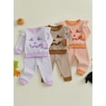 thumbnail image 3 of Loicainy Toddler Baby Girl Halloween Outfits 3 6 12 18 24 Months 2T 3T 4T Pumpkin Face Embroidery Stripe Crew Neck Long Sleeve Waffle Tops Long Pants 2Pcs Clothes Set, 3 of 9