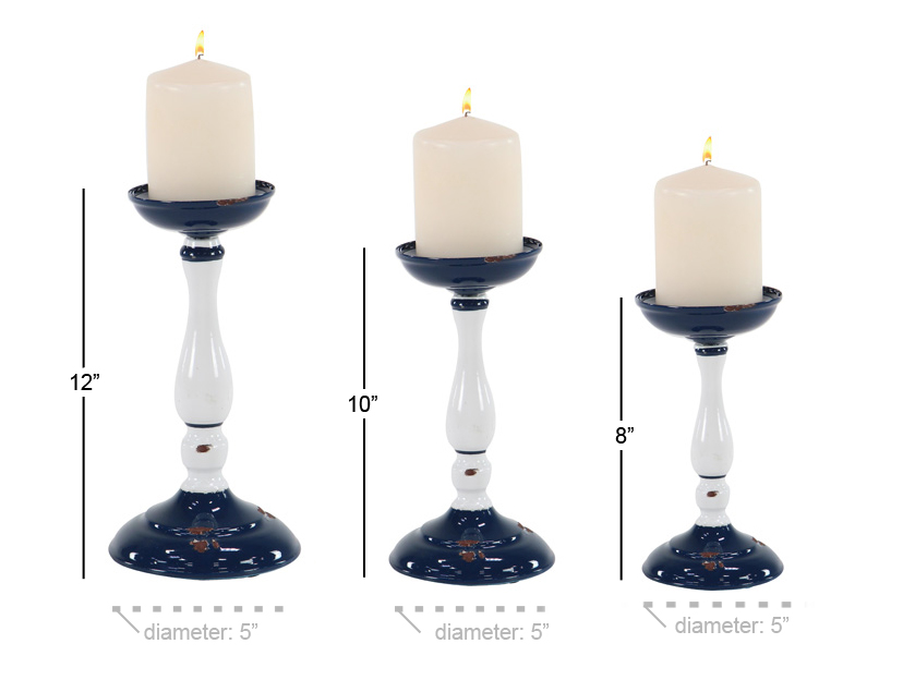 Decmode Rustic 8, 10, And 11 Inch White And Blue Metal Candle Holder - Set of 3