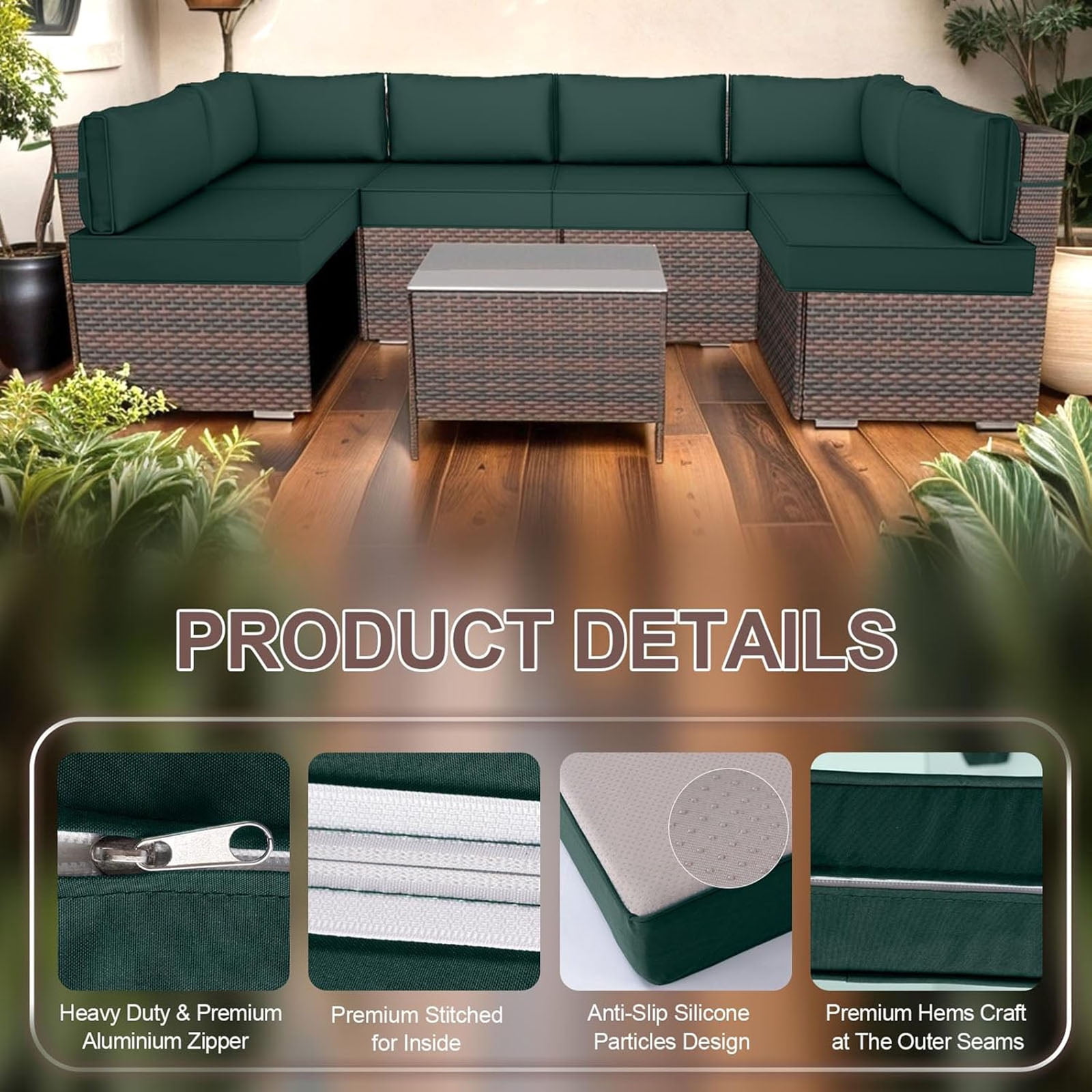 Outdoor Sectional Cushions, 6 Seat Patio Sectional Cushions, 4" Foam High-Density, Water-Resistant Patio Sofa Cushions Replacement Set （Dark green）