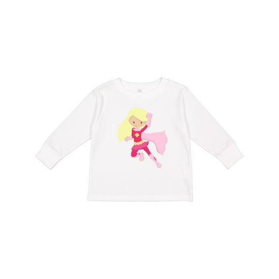 Inktastic Superhero Girl, Cute Girl, Blonde Hair, Pink Cape Girls Long Sleeve Toddler T-Shirt