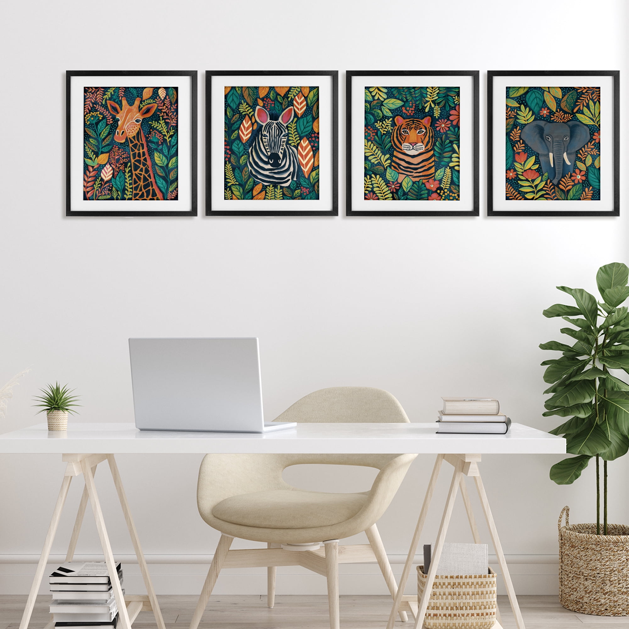 Stupell Industries Jungle Leaf Pattern Animals 4 Piece Black Framed Print Under Glass Set, design by Lisa R Dumm