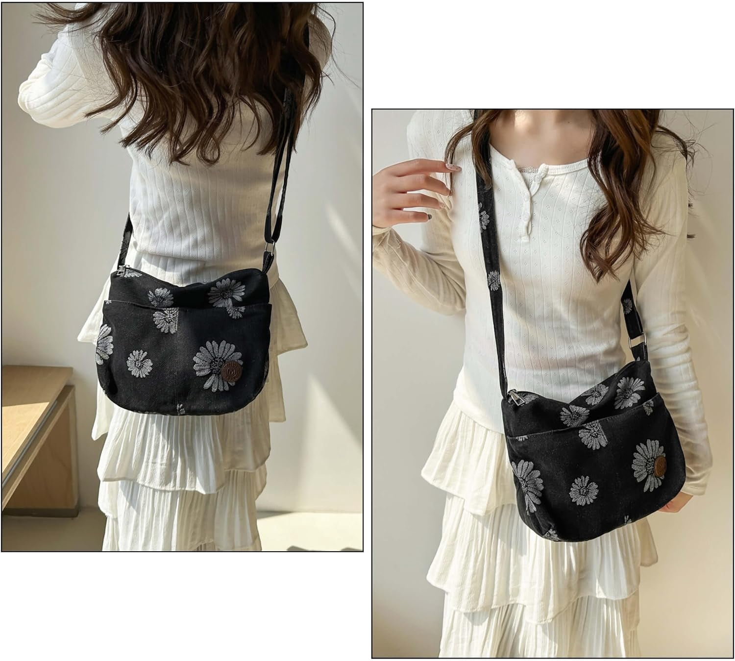 Sunyuer Women Vintage Floral Daisy Denim Crossbody Bag, Casual Lightweight Shoulder Handbag, Adjustable Strap Small Hobo Purse, Fashion Daily Commuter Messenger Bag for Shopping Travel