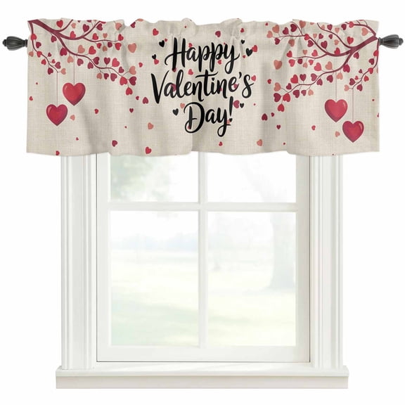 Happy Valentines Day Rod Pocket Curtain Valance, Red Love Branches Spring Beige Farmhouse Window Valance for Living Room, Bedroom, Kitchen 42"W x 12"L