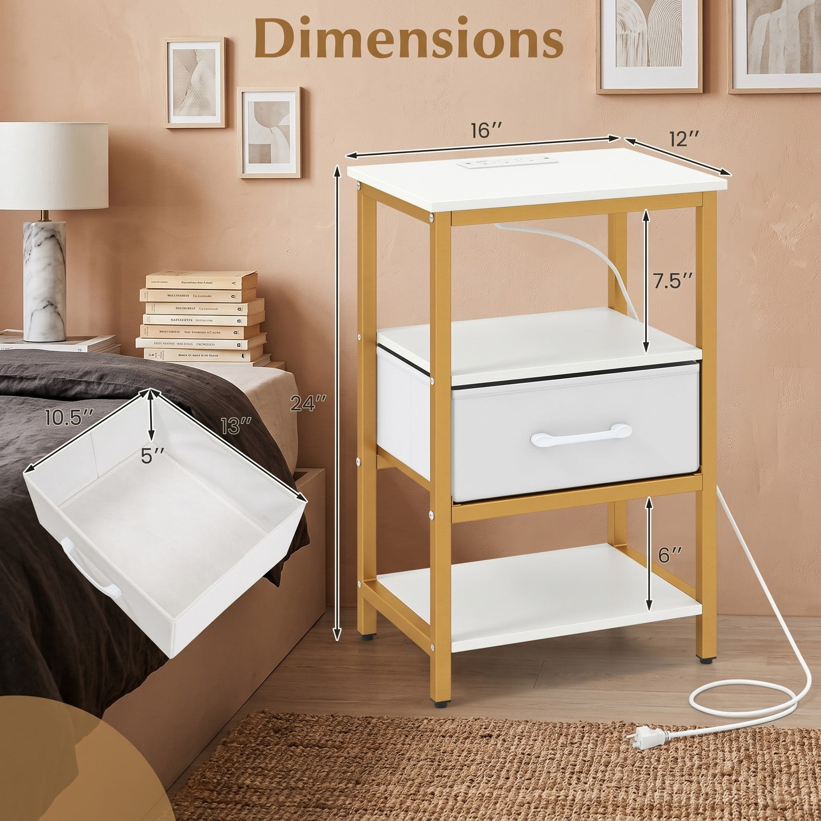 Furnibear Nightstand Set of 2 with Charging Station and Foldable Fabric Drawer and Open Shelves for Bedroom and Living Room, White and Gold