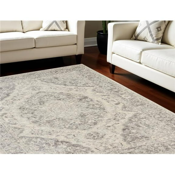 HomeRoots 551040 7 x 10 ft. Floral Medallion Distressed Rectangle Area Rug, Ivory & Gray