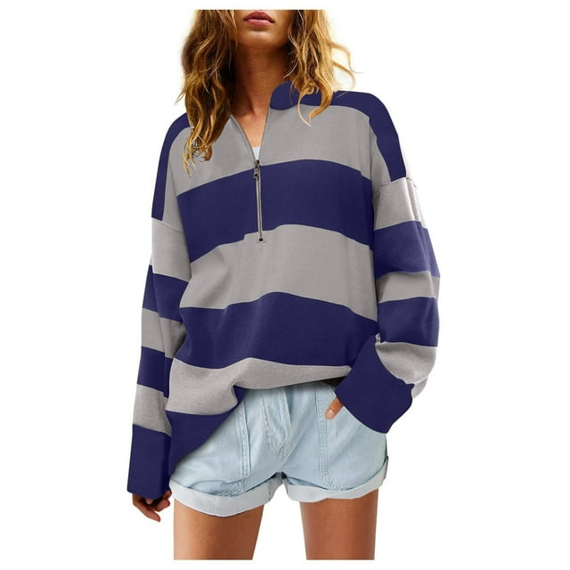 WEIYLL Women Oversized Fall Half Zipper Turtleneck Striped Tops Long Sleeve Color Block Cardigan Sweatshirts Blue