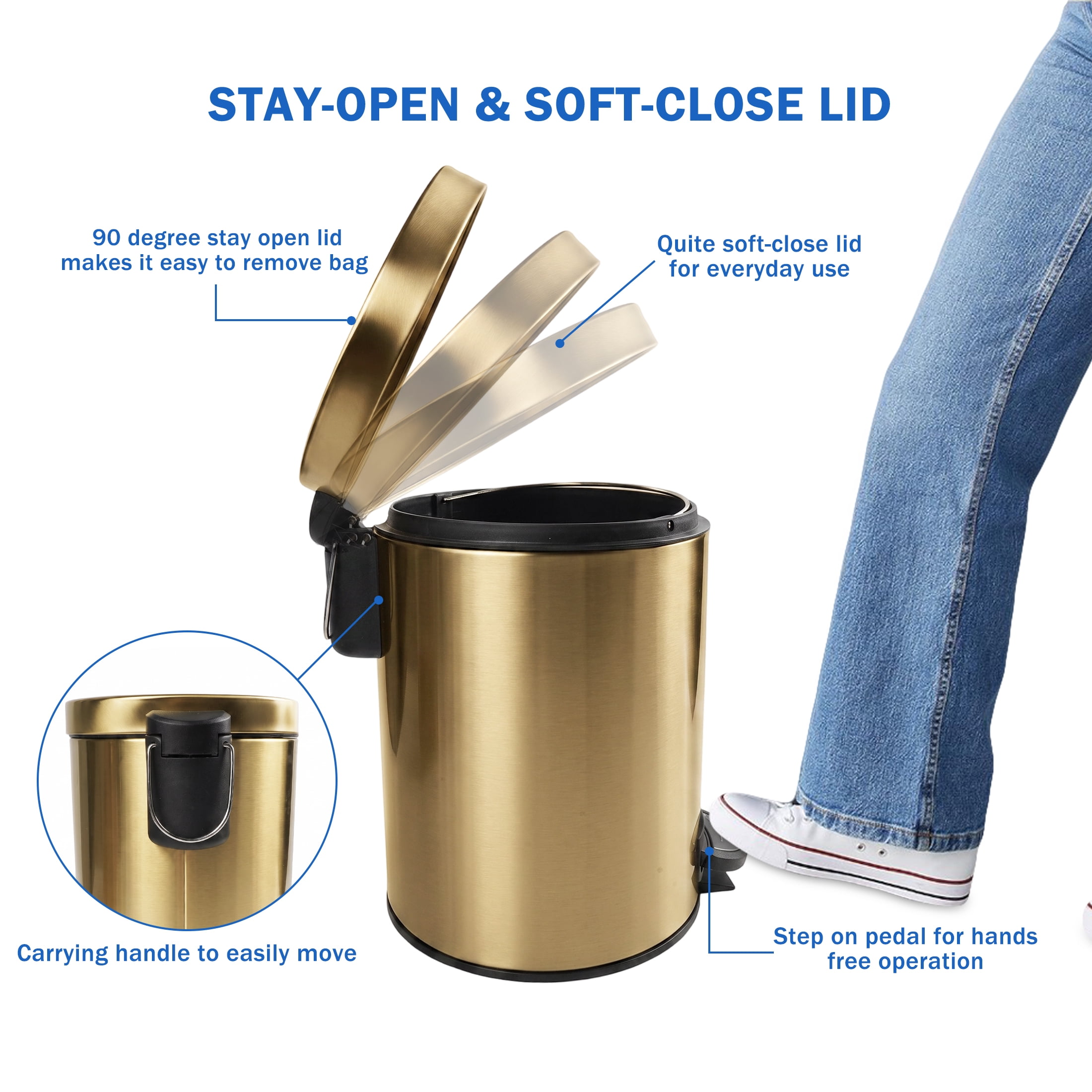 Koomade 2 Pack Bathroom Kitchen Trash Can, 1.3 Gallon Stainless Steel Step Round Garbage Bin, Gold
