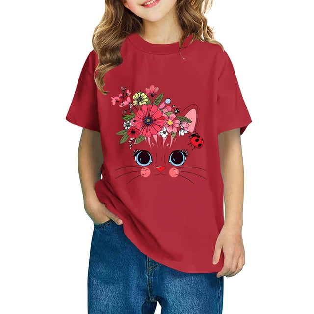 Rbaofujie Dessin Animé Chat Dessin Animé Imprimé Garçons et Filles Porter Col Rond Manche Courte Nouveau Bébé Été Bricolage Mode T-Shirt pour Enfants